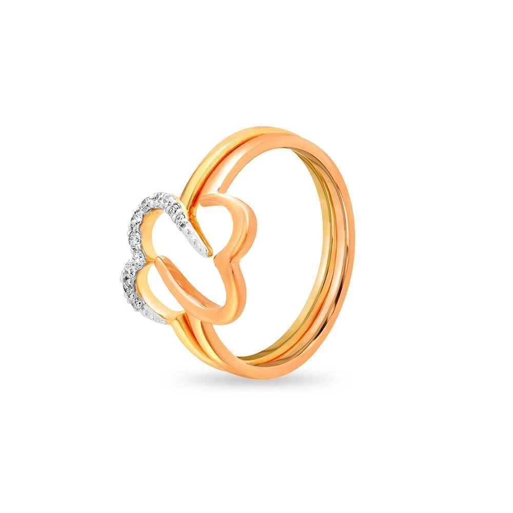 14 Kt Yellow And Rose Gold Connected Hearts Diamond Ring