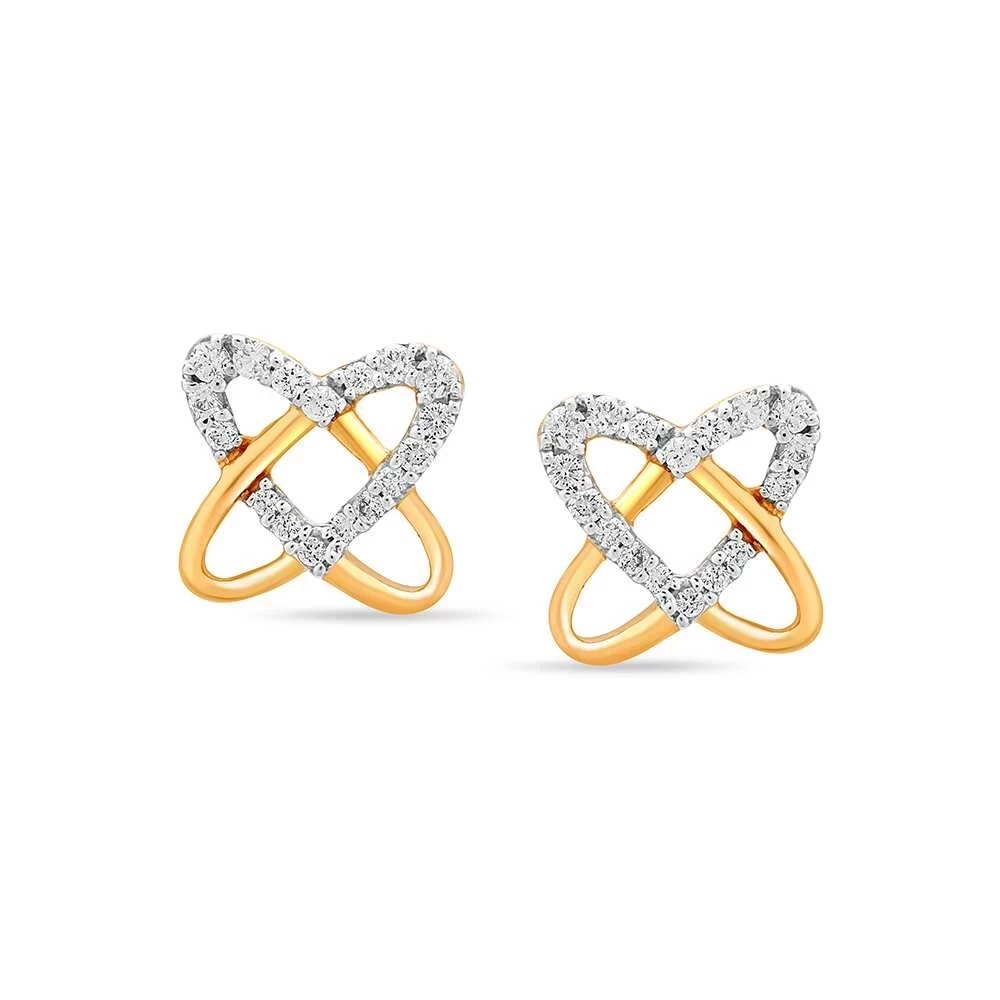 14 Kt Yellow Gold Entwined Hearts Diamond Stud Earrings
