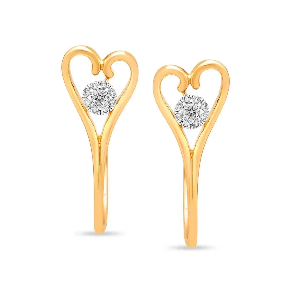 14 Kt Yellow Gold Gleaming Heart Diamond Hoop Earrings