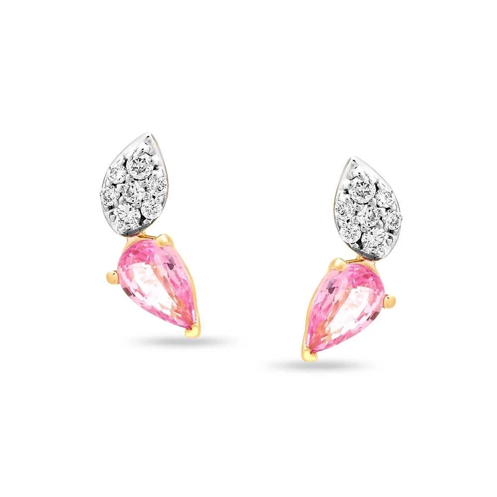 14 Kt Yellow Gold Romantic Drops Pink Sapphire And Diamond Stud Earrings